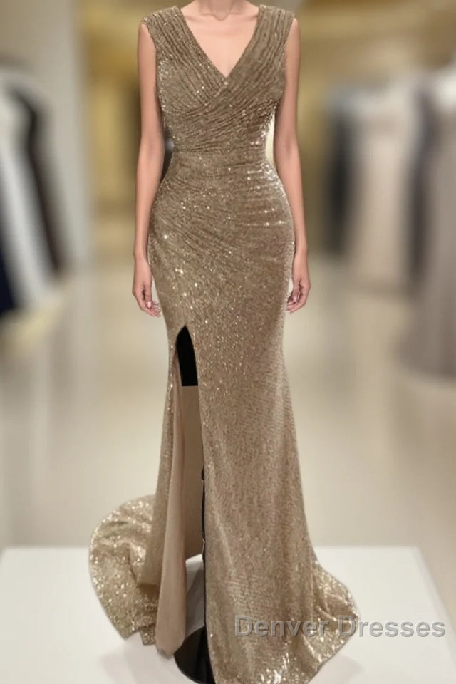 Sheath / Column Prom Dress Sparkle & Shine Dress Cocktail Party Sweep / Brush Train Sleeveless V Neck Sequined With Glitter Ruched Slit