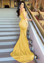 Sheath/Column Sleeveless Sweetheart Sweep Train Elastic Satin Prom Dresses