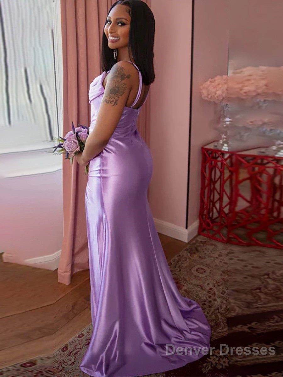 Sheath/Column Spaghetti Straps Sweep Train Elastic Woven Satin Prom Dresses With Leg Slit Secondary image