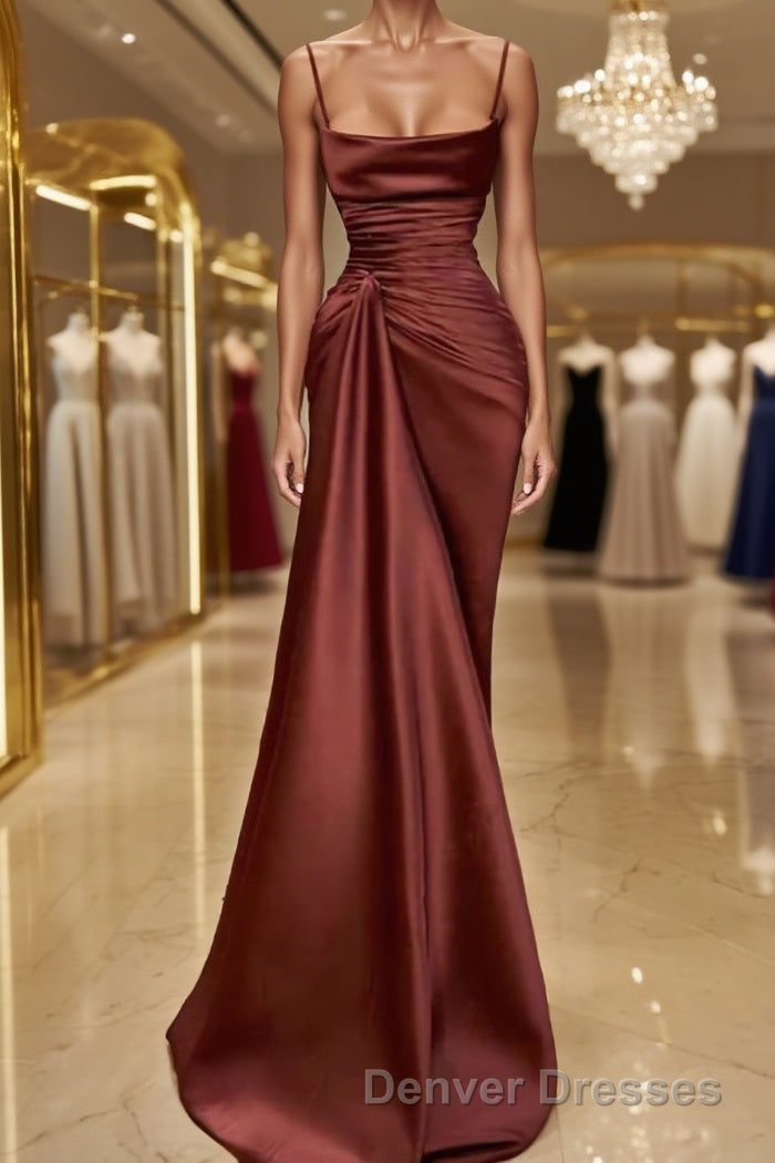 Sheath/Column Spaghetti Straps Floor-Length Elastic Woven Satin Prom Dress With Ruffles Main image