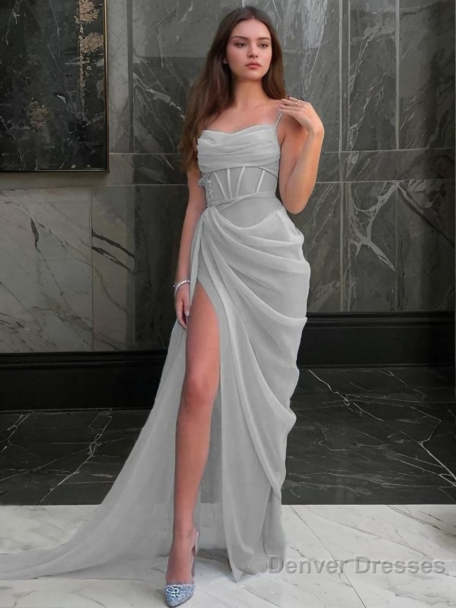 Sheath/Column Spaghetti Straps Sweep Train Organza Prom Dresses With Leg Slit Main image