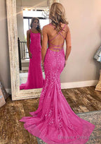 Sheath/Column Square Neckline Sleeveless Court Train Lace Prom Dresses With Appliqued