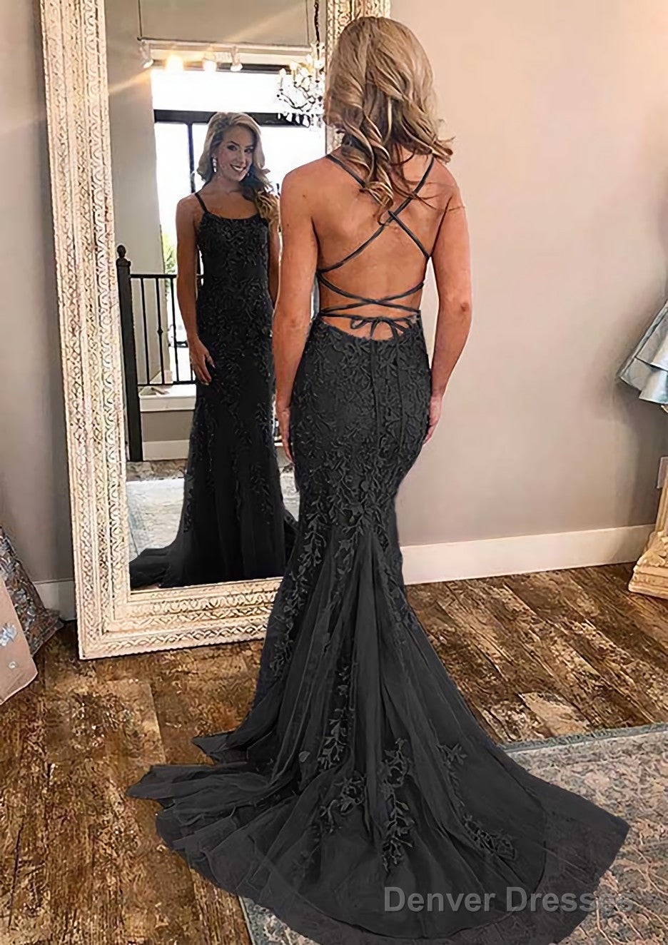 Sheath/Column Square Neckline Sleeveless Court Train Lace Prom Dresses With Appliqued