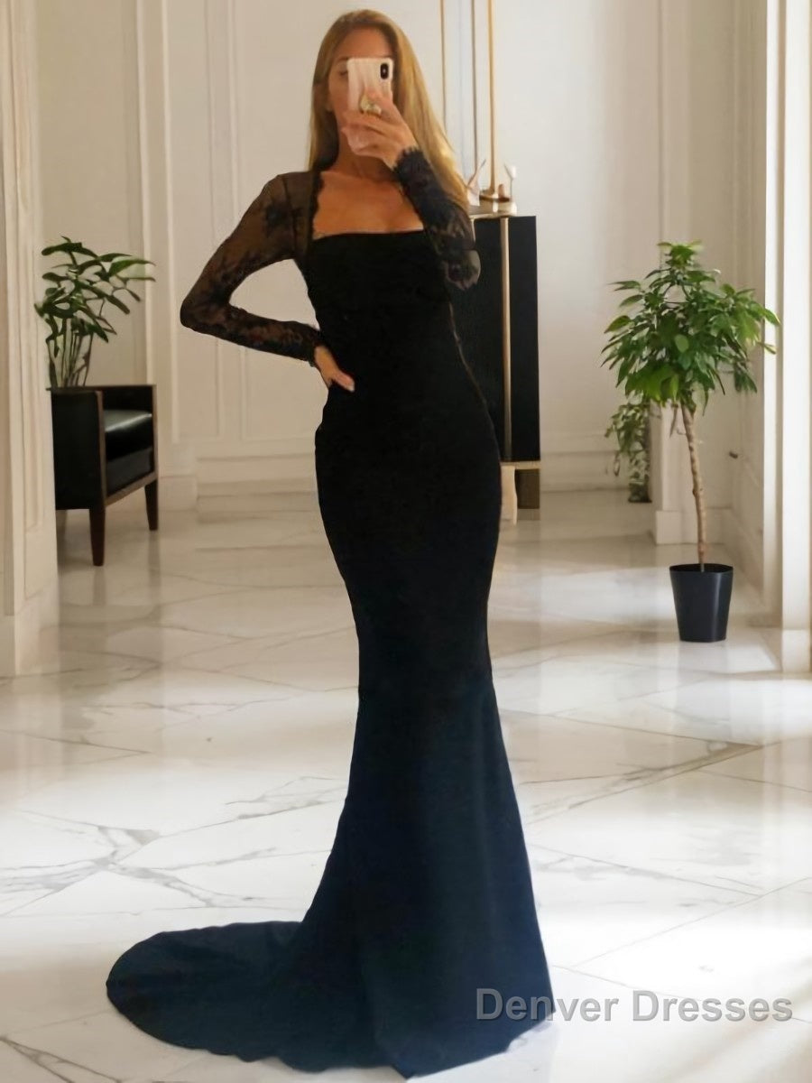Sheath/Column Square Sweep Train Stretch Crepe Prom Dresses With Lace Main image