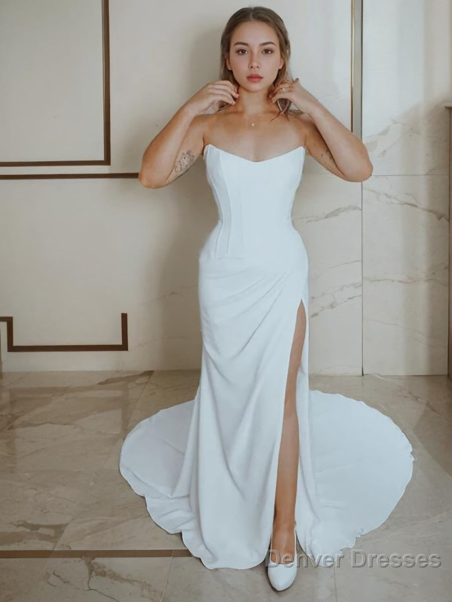 Sheath/Column Strapless Court Train Stretch Crepe Wedding Dresses With Leg Slit Main image