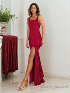 Sheath/Column Straps Floor-Length Velvet Sequins Prom Dresses With Leg Slit