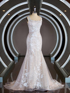 Sheath/Column Straps Sweep Train Lace Wedding Dress with Appliques Lace