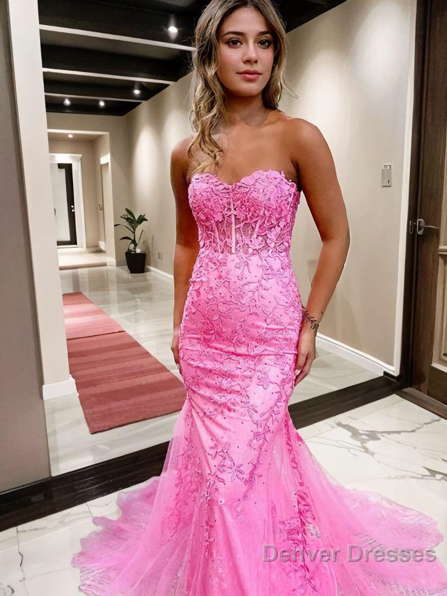 Sheath/Column Sweetheart Court Train Tulle Prom Dresses With Appliques Lace Secondary image