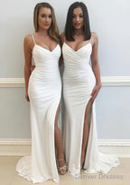 Sheath/Column Sweetheart Sleeveless Sweep Train Jersey Prom Dresses With Split Pleated