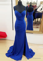Sheath/Column Sweetheart Sleeveless Sweep Train Jersey Prom Dresses With Split Pleated