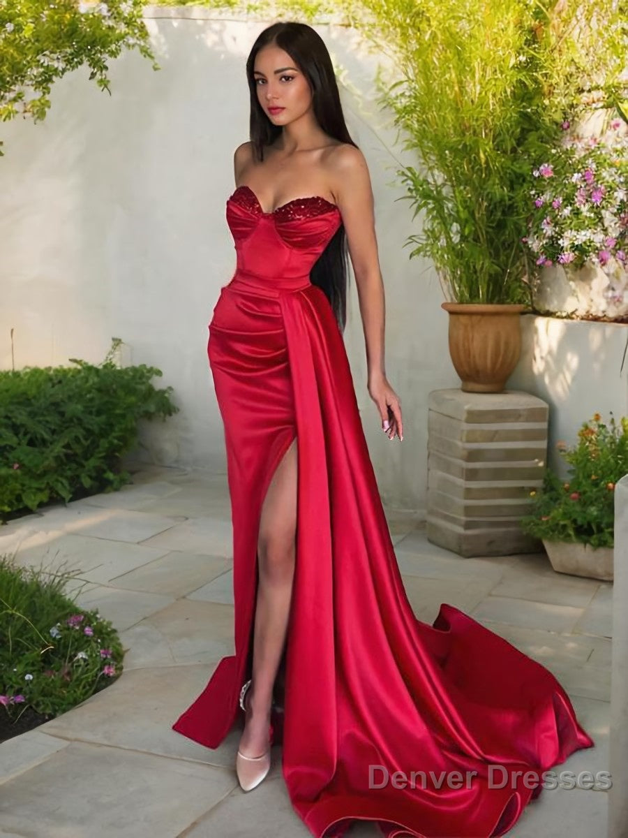 Sheath/Column Sweetheart Sweep Train Elastic Woven Satin Prom Dresses With Leg Slit Main image