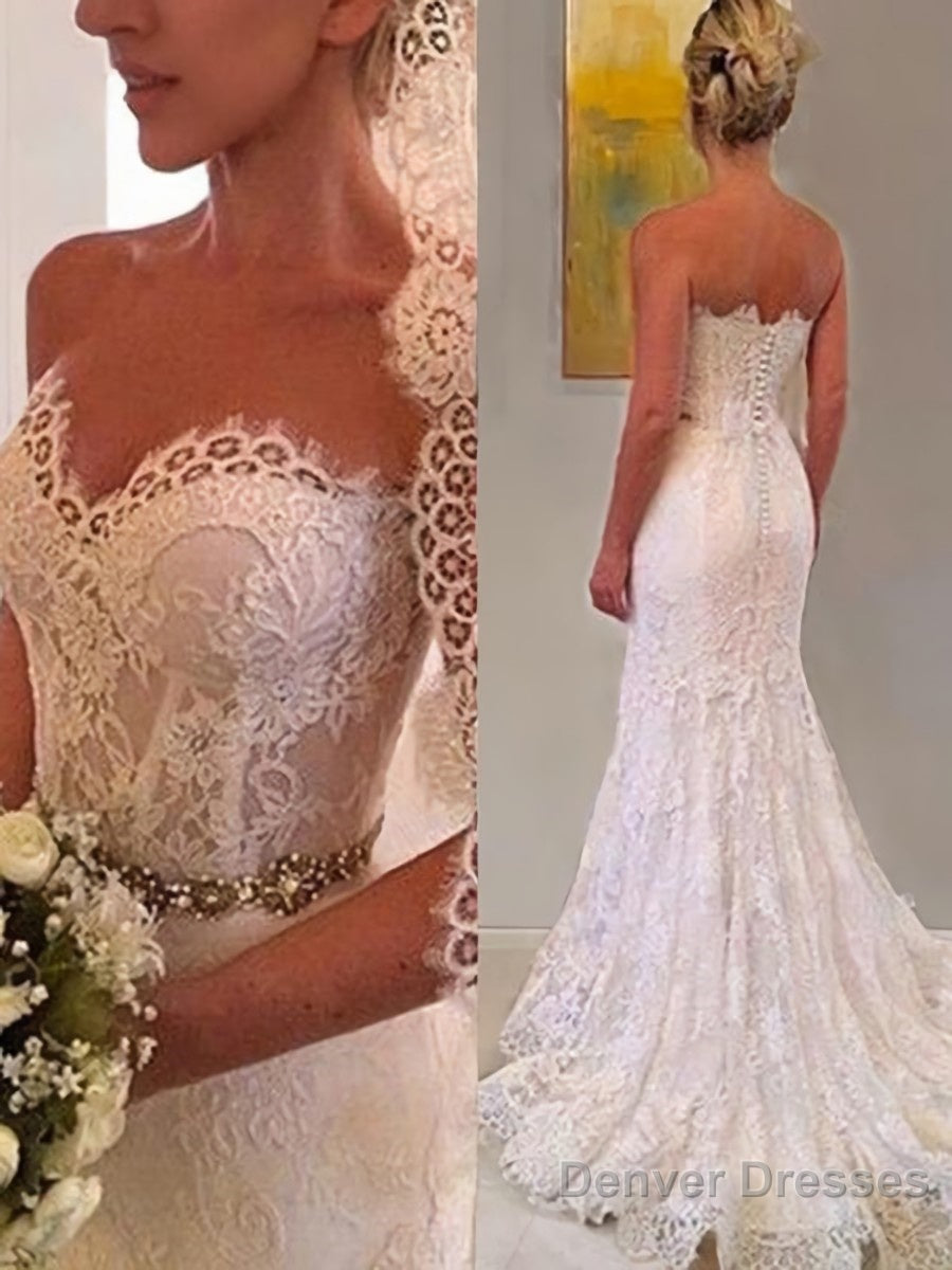 Sheath/Column Sweetheart Sweep Train Lace Wedding Dresses With Beading Main image