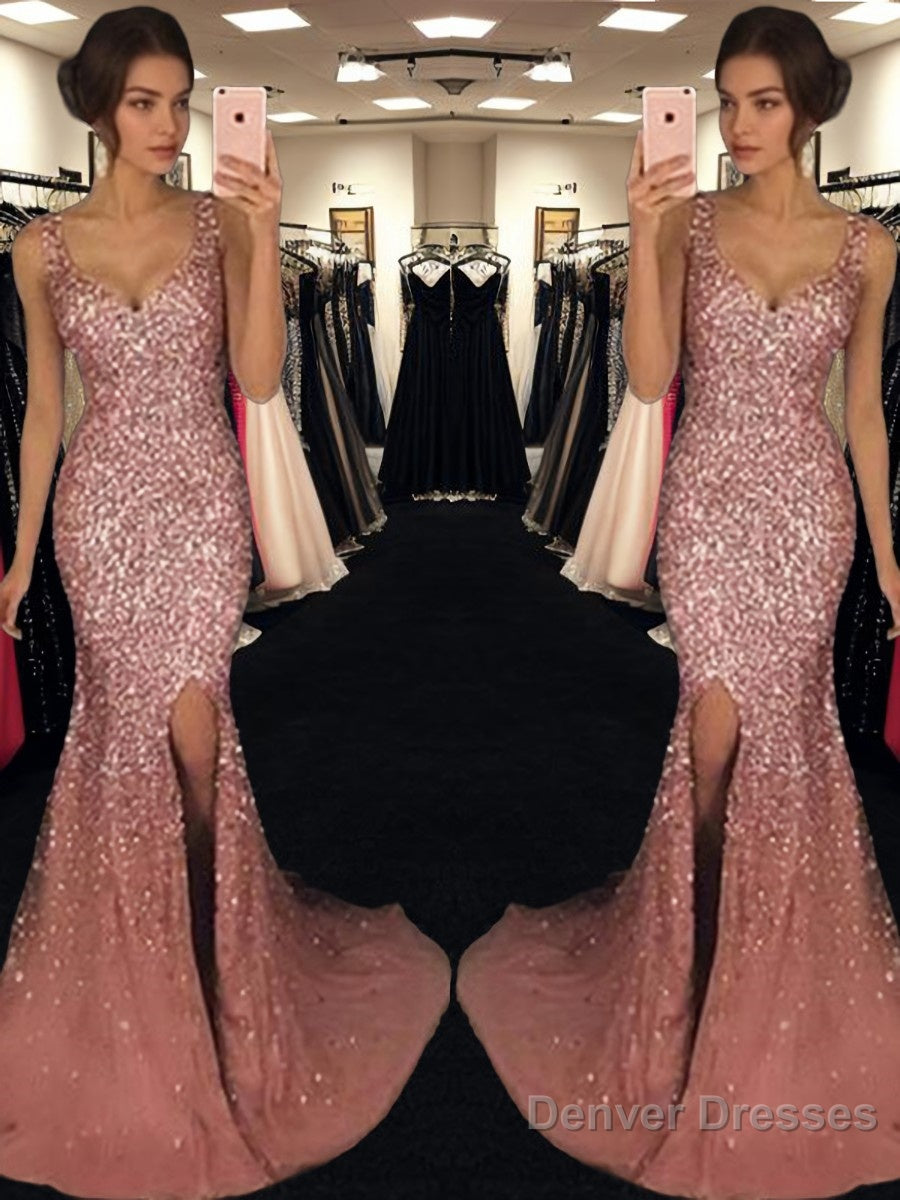 Sheath/Column Sweetheart Sweep Train Tulle Prom Dresses With Leg Slit Main image