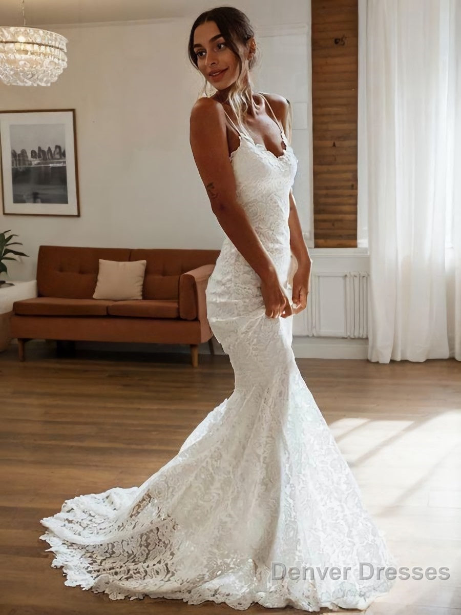 Sheath/Column V-neck Court Train Lace Wedding Dresses Main image