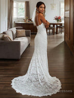 Sheath/Column V-neck Court Train Lace Wedding Dresses