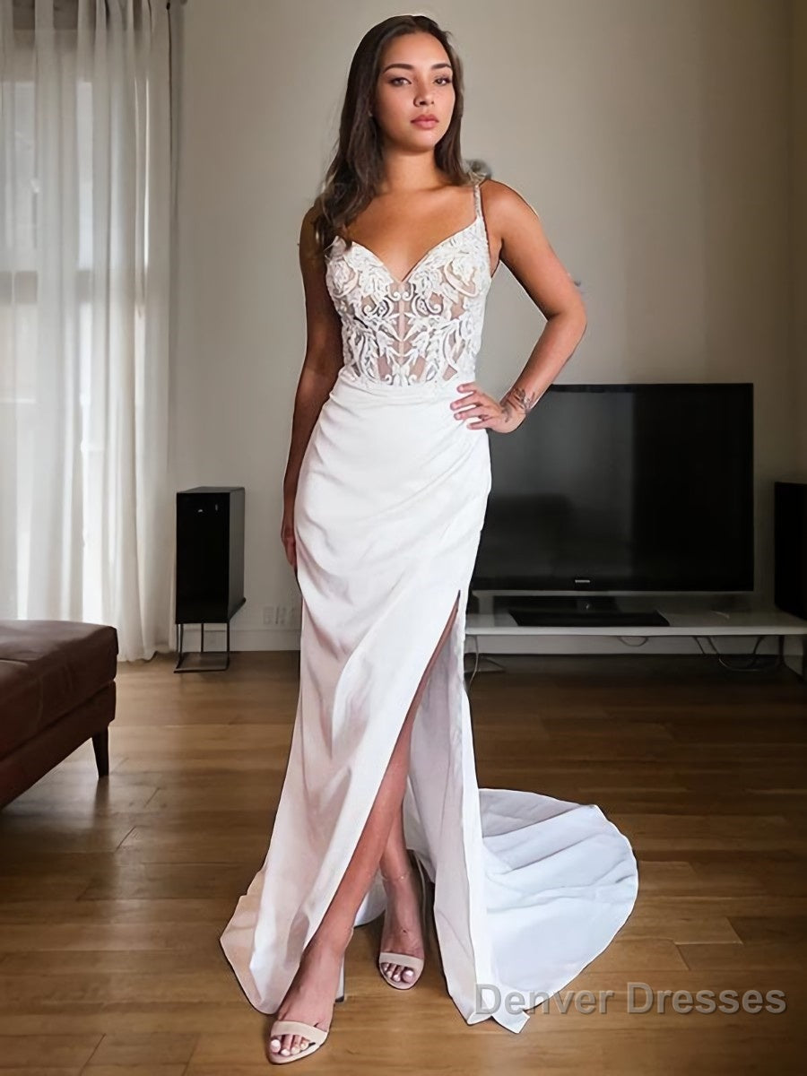 Sheath/Column V-neck Court Train Stretch Crepe Wedding Dresses With Leg Slit Main image
