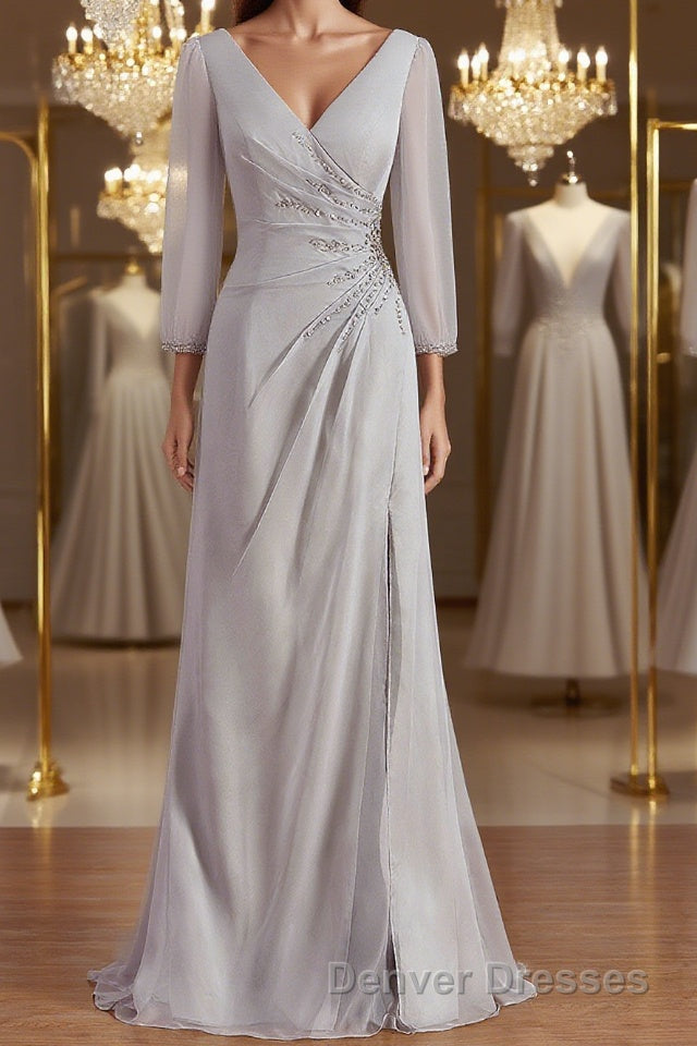 Sheath/Column V-neck Floor-Length 30D Chiffon Mother of the Bride Dress With Beading Main image