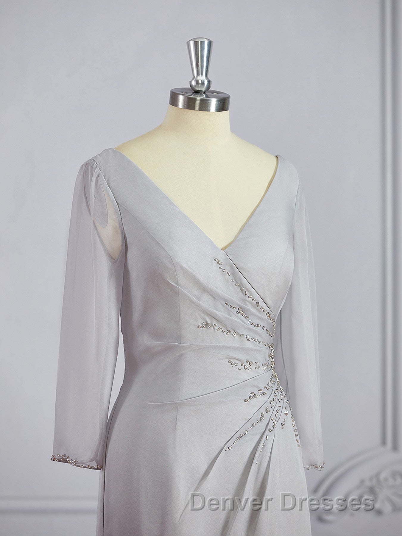 Sheath/Column V-neck Floor-Length 30D Chiffon Mother of the Bride Dress With Beading