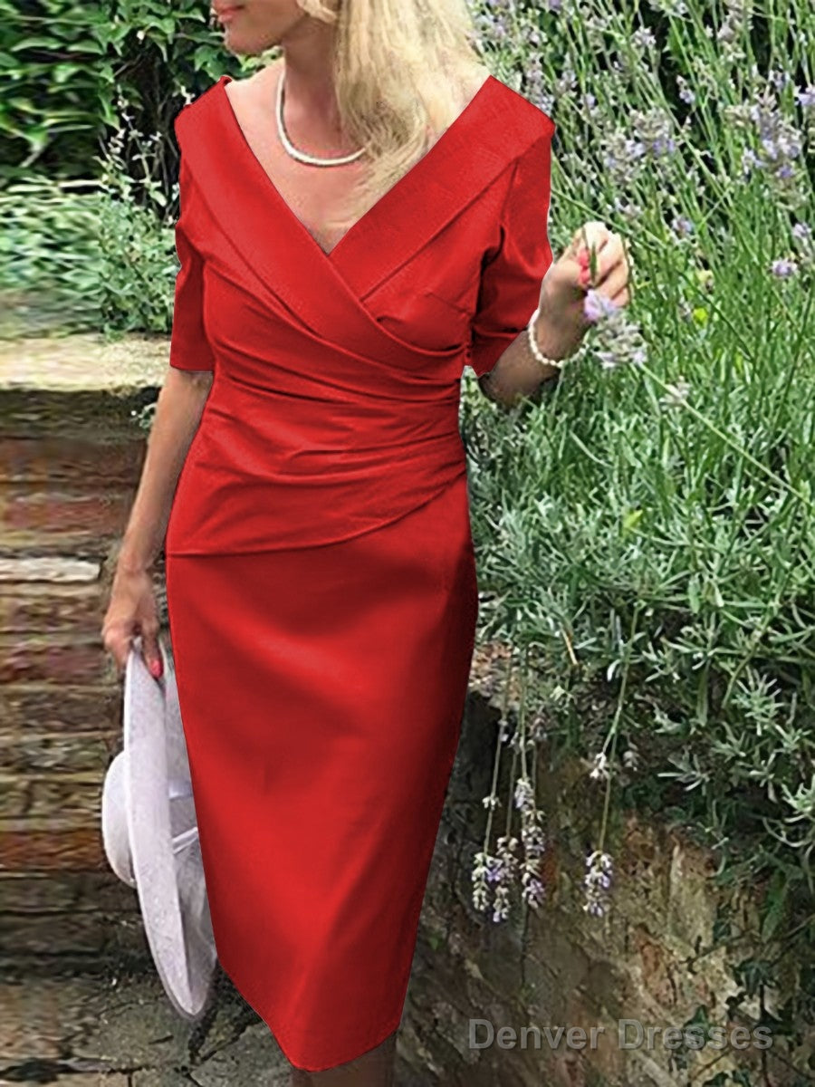 Sheath/Column V-neck Knee-Length Satin Mother of the Bride Dresses With Ruffles