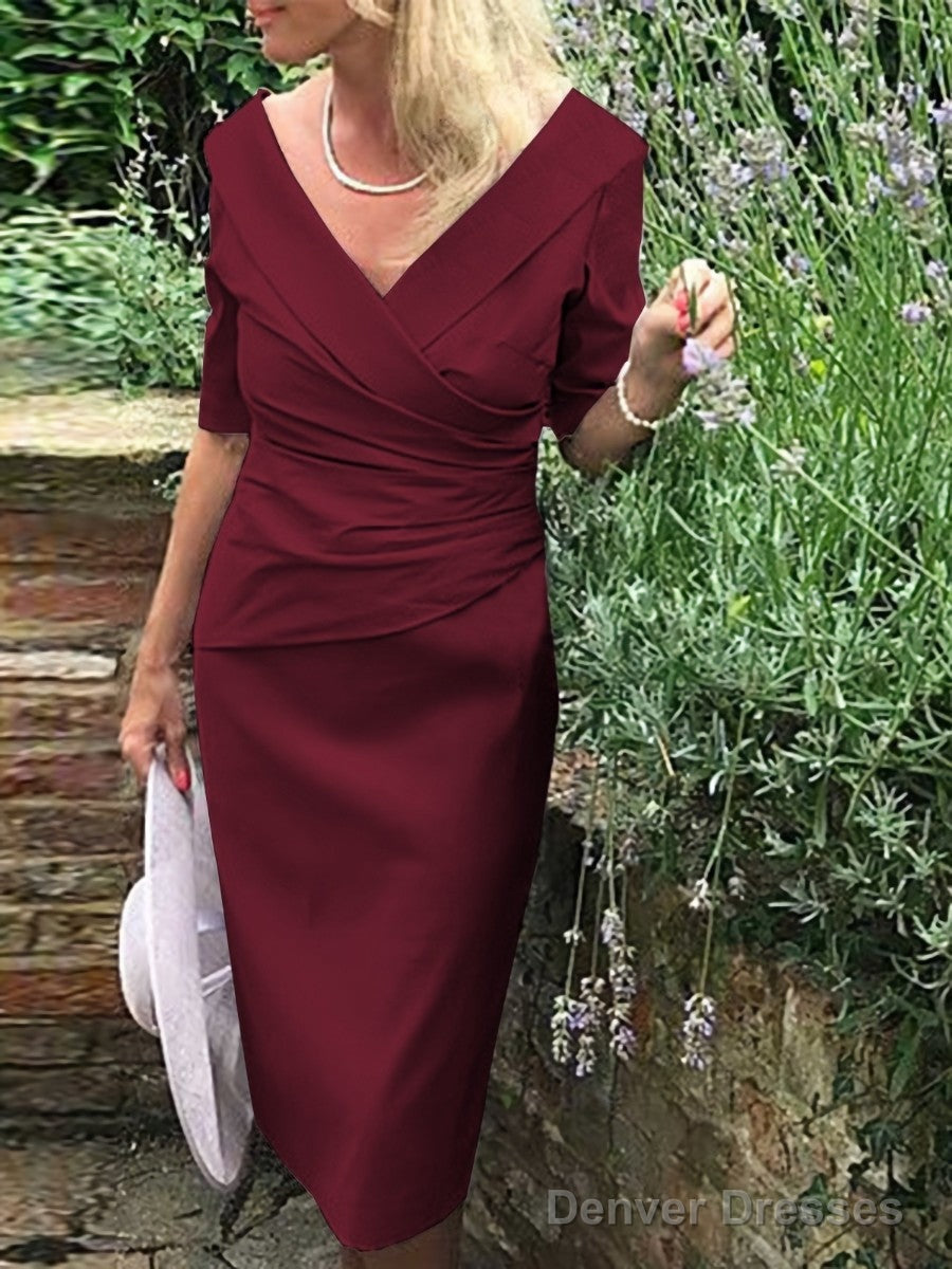 Sheath/Column V-neck Knee-Length Satin Mother of the Bride Dresses With Ruffles