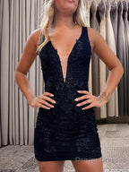 Sheath/Column V-neck Short/Mini Lace Applique Homecoming Dresses
