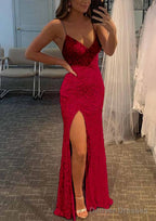 Sheath/Column V Neck Spaghetti Straps Long/Floor-Length Velvet Sequins Prom Dresses With Split