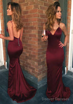 Sheath/Column V Neck Spaghetti Straps Sweep Train Charmeuse Prom Dresses