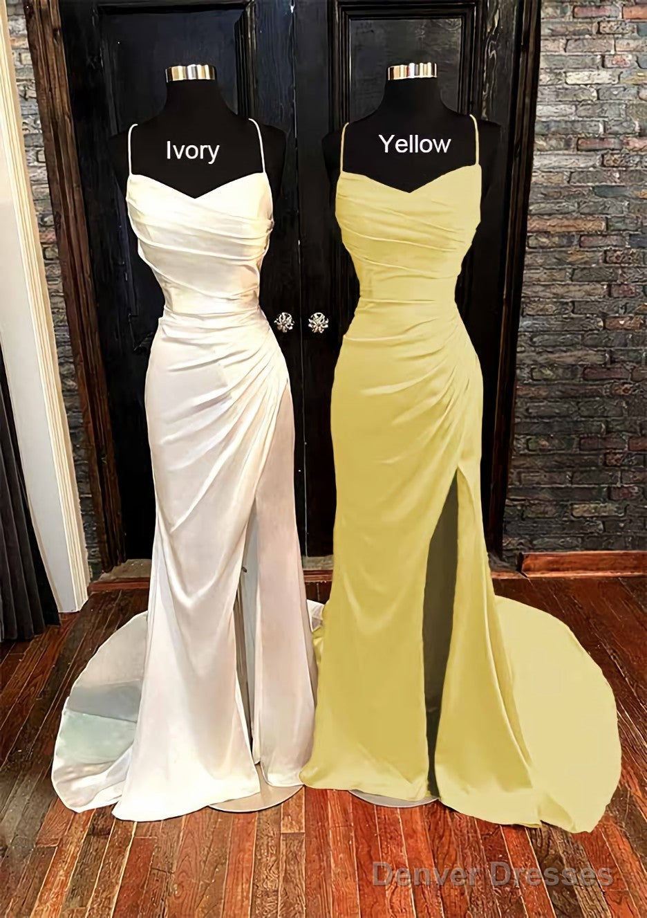 Sheath/Column V Neck Spaghetti Straps Sweep Train Satin Prom Dresses With Pleated Split