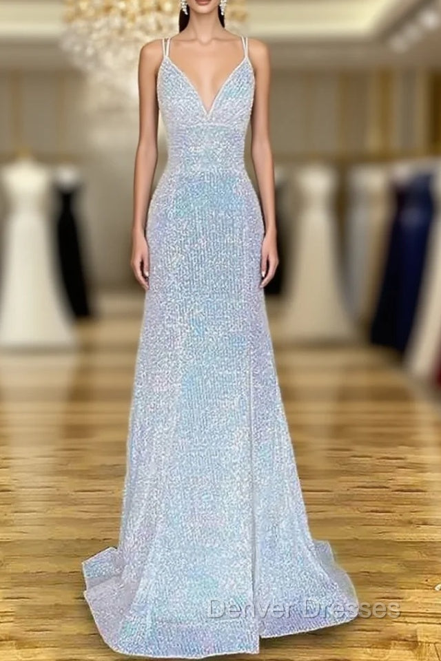 Sheath/Column V Neck Spaghetti Straps Sweep Train Sequined Prom Dress With Pleated Main image