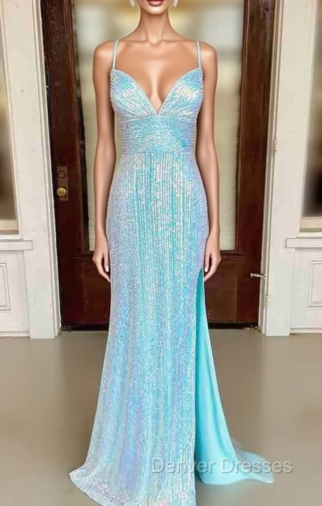 Sheath/Column V Neck Spaghetti Straps Sweep Train Sequined Prom Dress With Split Main image