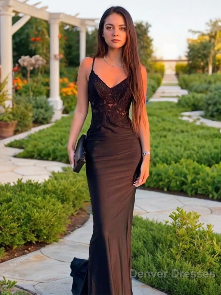 Sheath/Column V-neck Sweep Train Elastic Woven Satin Prom Dresses With Appliques Lace Main image