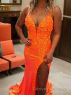 Sheath/Column V-neck Sweep Train Sequins Prom Dress With Leg Slit