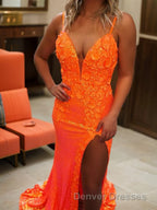 Sheath/Column V-neck Sweep Train Sequins Prom Dress With Leg Slit