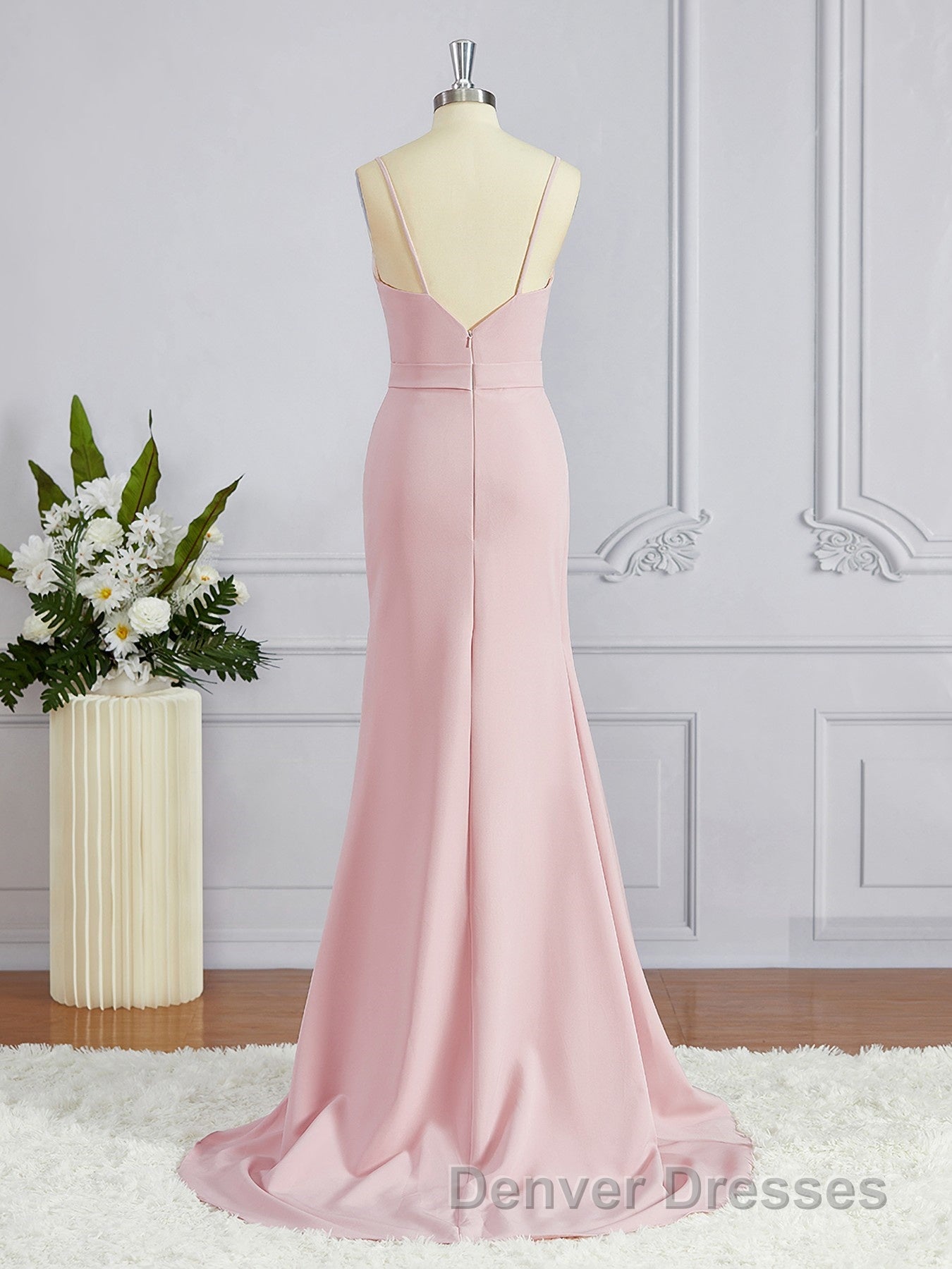 Sheath/Column V-neck Sweep Train Stretch Crepe Bridesmaid Dress with Leg Slit