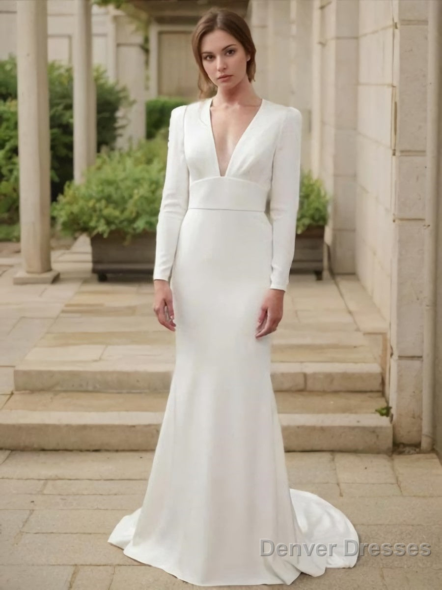 Sheath/Column V-neck Sweep Train Stretch Crepe Wedding Dresses Main image