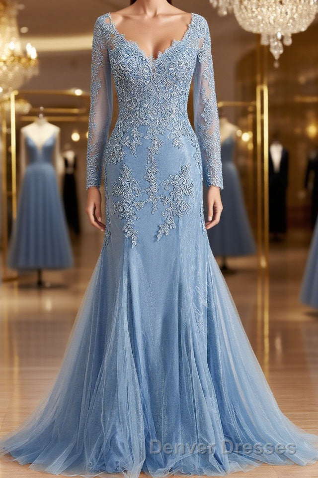 Sheath/Column V-neck Sweep Train Tulle Mother of the Bride Dress With Appliques Lace Main image