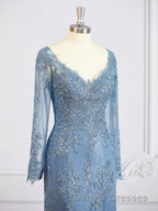 Sheath/Column V-neck Sweep Train Tulle Mother of the Bride Dress With Appliques Lace