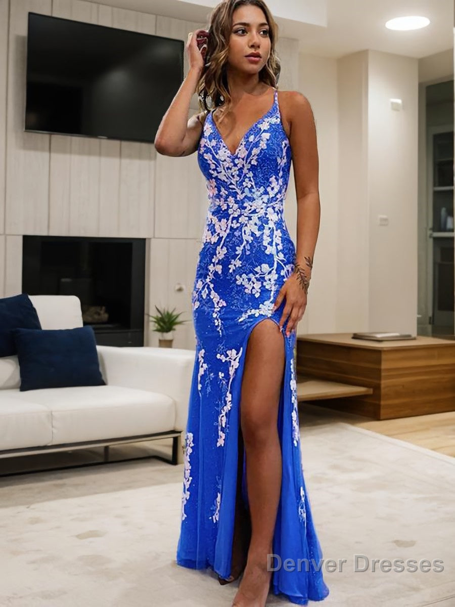 Sheath/Column V-neck Sweep Train Tulle Prom Dresses With Leg Slit Main image