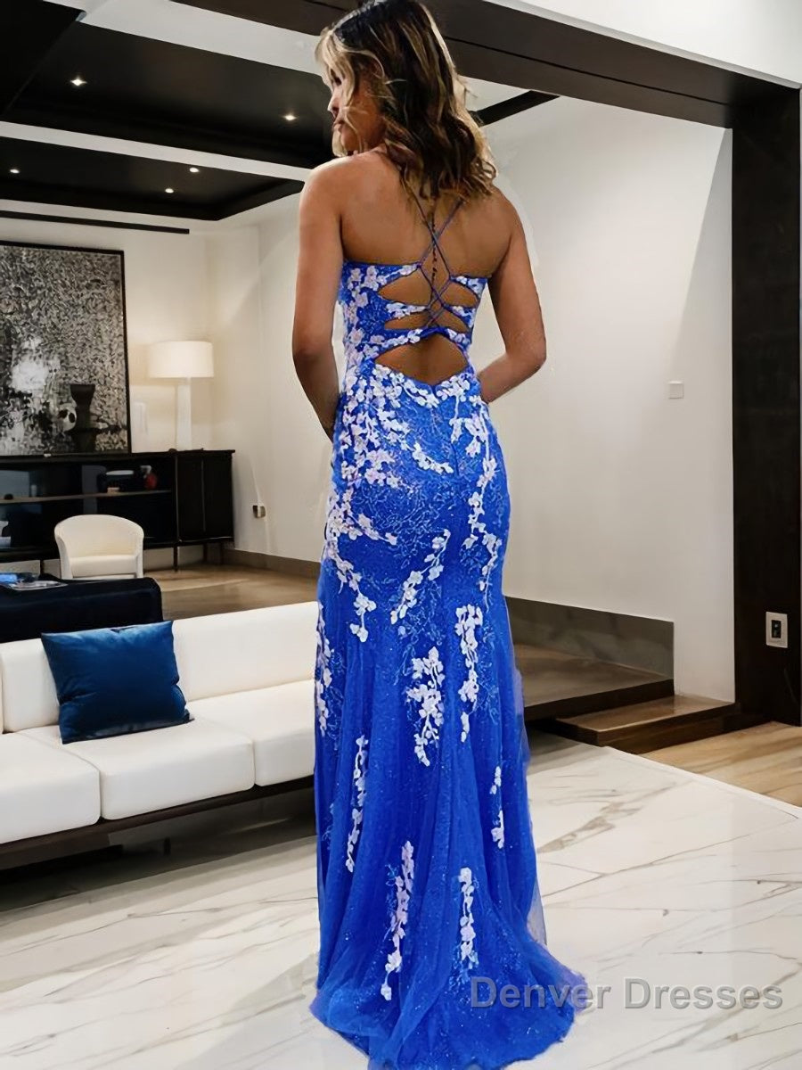 Sheath/Column V-neck Sweep Train Tulle Prom Dresses With Leg Slit Secondary image