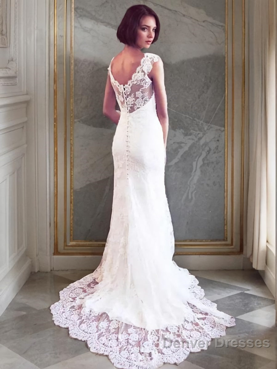 Sheath/Column V-neck Court Train Tulle Wedding Dresses Secondary image
