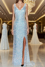 Sheath/Column V-neck Sweep Train Velvet Sequins Prom Dress With Leg Slit