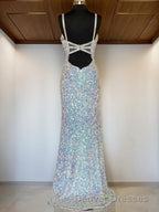 Sheath/Column V-neck Sweep Train Velvet Sequins Prom Dress With Leg Slit