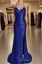 Sheath/Column V-neck Sweep Train Velvet Sequins Prom Dress With Leg Slit