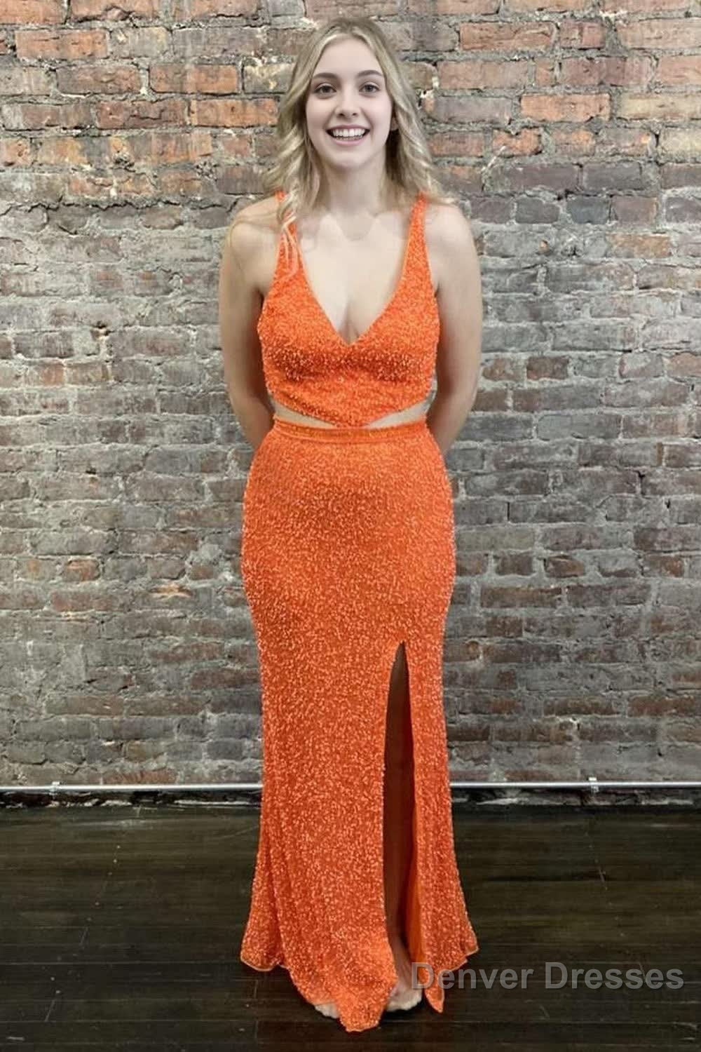 Sheath Deep V Neck Orange Sequins Backless Long Prom Dress Main image