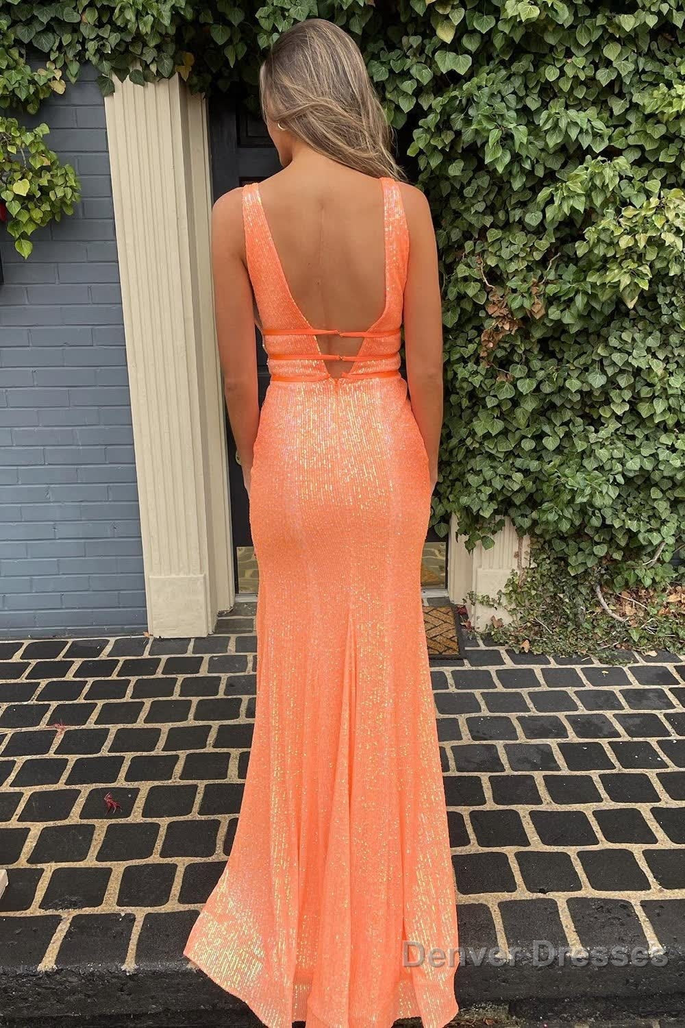 Sheath Deep V Neck Orange Sequins Long Prom Dress with Split Front Secondary image