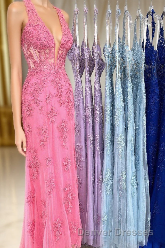 Sheath Halter Lace Tulle Prom Dress with Appliques Main image