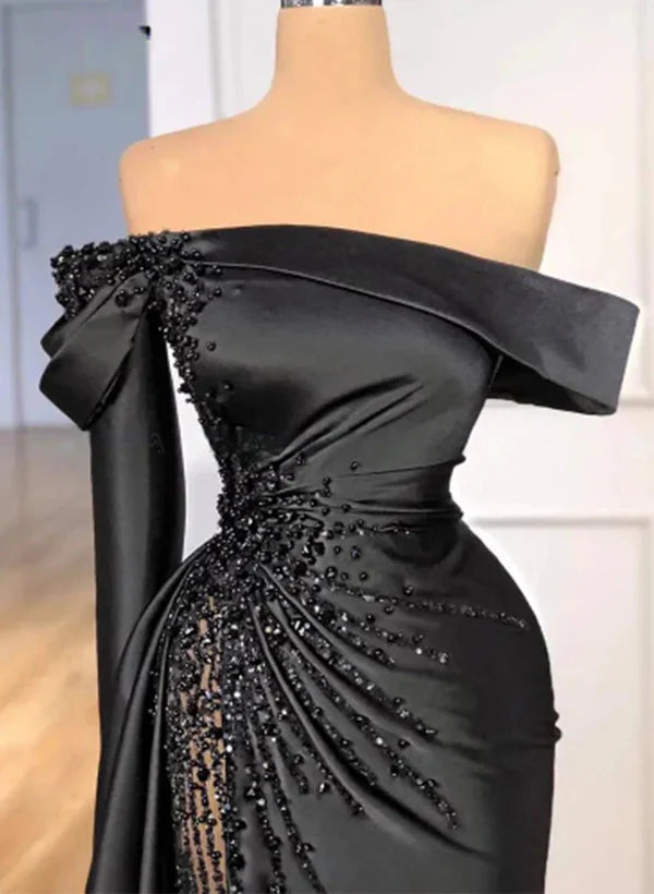 Sheath Off-The-Shoulder Long Sleeves Satin/Sequined Prom Dress Secondary image