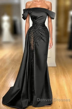 Sheath Off-The-Shoulder Long Sleeves Satin/Sequined Prom Dress
