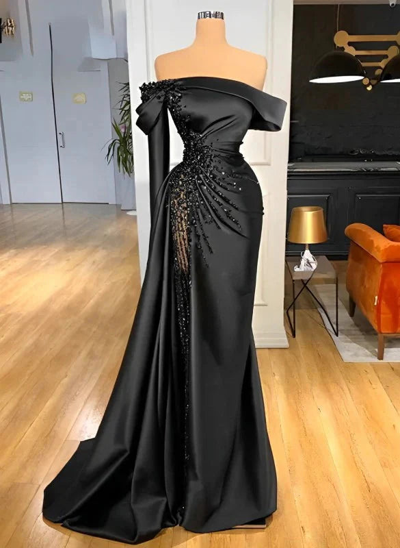 Sheath Off-The-Shoulder Long Sleeves Satin/Sequined Prom Dress Main image
