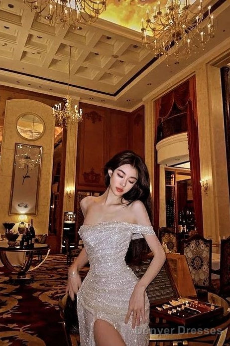 Sheath Off The Shoulder Sequin Long  Prom Dresses Formal Dress